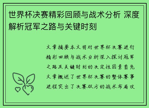 世界杯决赛精彩回顾与战术分析 深度解析冠军之路与关键时刻