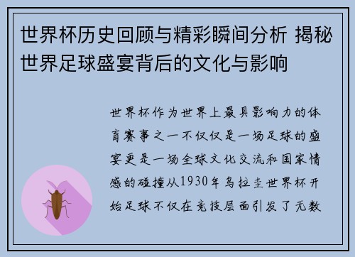 世界杯历史回顾与精彩瞬间分析 揭秘世界足球盛宴背后的文化与影响