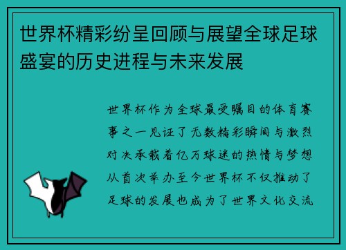世界杯精彩纷呈回顾与展望全球足球盛宴的历史进程与未来发展
