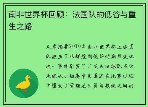 南非世界杯回顾：法国队的低谷与重生之路