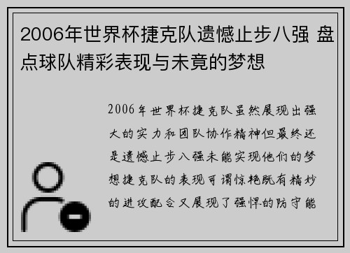 2006年世界杯捷克队遗憾止步八强 盘点球队精彩表现与未竟的梦想