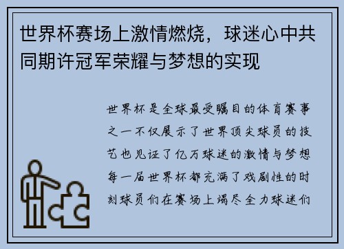 世界杯赛场上激情燃烧，球迷心中共同期许冠军荣耀与梦想的实现