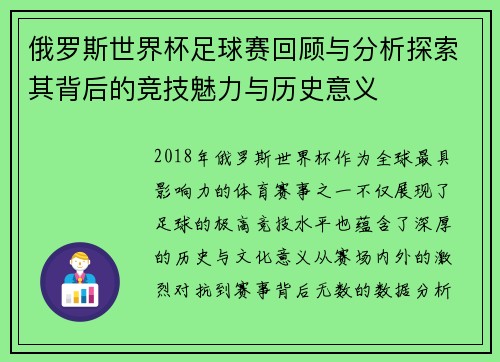 俄罗斯世界杯足球赛回顾与分析探索其背后的竞技魅力与历史意义